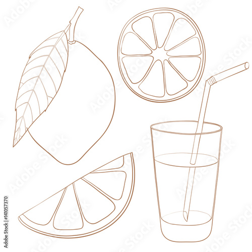 Lemon and glass of lemonade. Hand drawn outline sketch