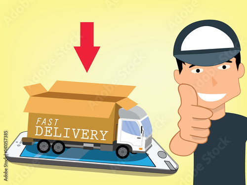 delivery man holds a finger
