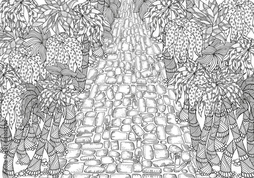 Fototapeta premium Adult coloring book page. Long road and palm