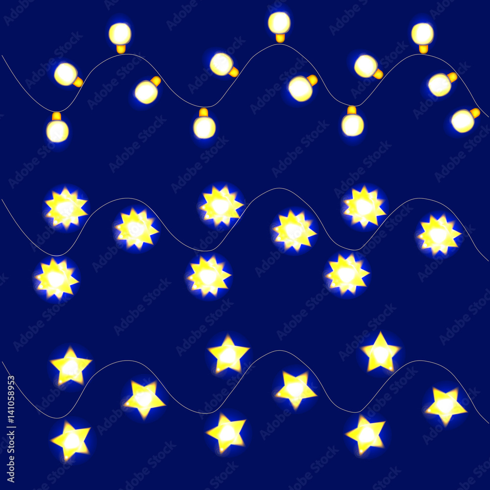 Blue background with yellow christmas lights. Illustration. Stock