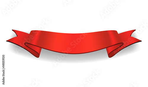 Ribbon red banner. Sign satin blank promotion, web, advertising banner. Shiny ribbon scroll design decoration element. Vintage label isolated on white background Vector illustration