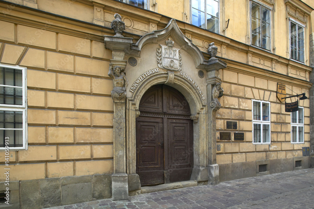 Historical Portal in the old town of Krakow, Poland, Europe
