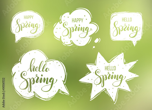 Hello spring. Lettering on speech bubbles. Vector illustration