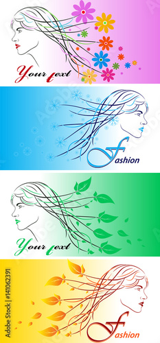 Beauty Fashionable Girl. Floral hairstyle, woman face silhouette. Flowers abstract background. Vector illustration.