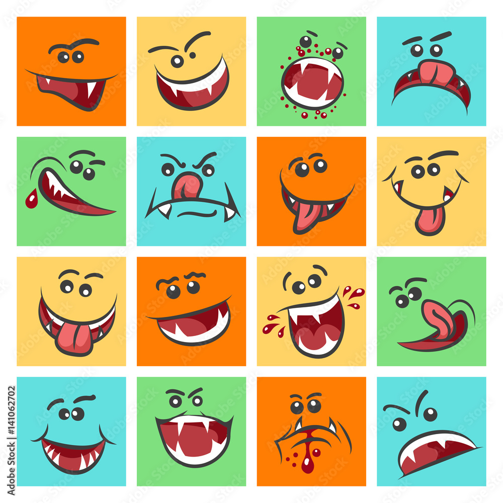 Colorful emoticon faces vector illustration. Cute mood icons or facing emoticons
