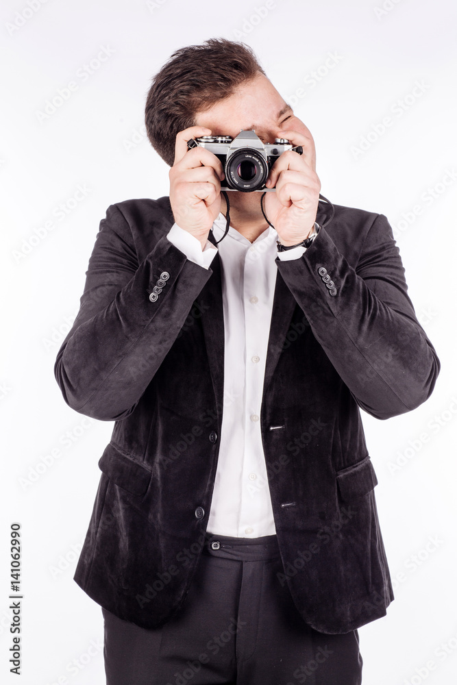 photographer with old retro film camera. isolated on white background photographer with old retro film camera. isolated on white background