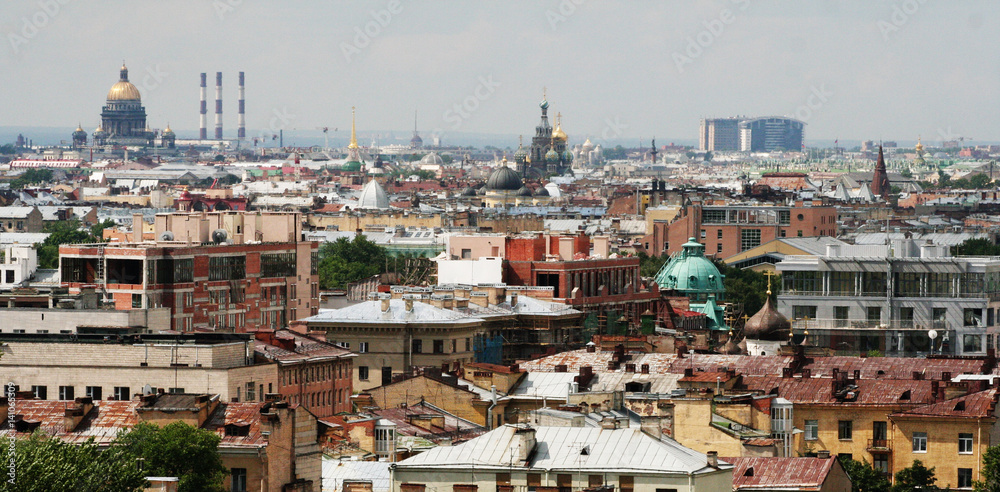 Panoramic view of the city center, from the roof of a city apartment building, on an overcast summer day. St. Petersburg, Russia, July 19, 2008