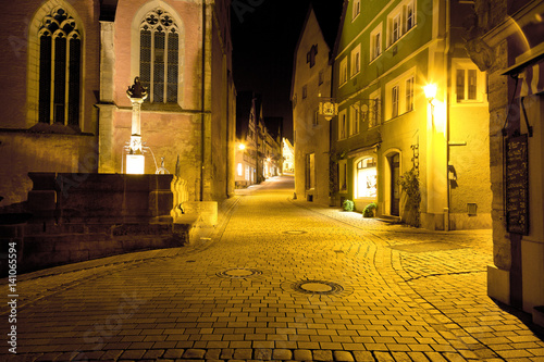 Cobblestone Street, Night, Rothenburg ob der Tauber, Germany