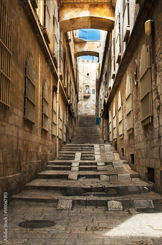 Old city street, stairs, stone stairway and arch. Jerusalem, Israel © Liubov