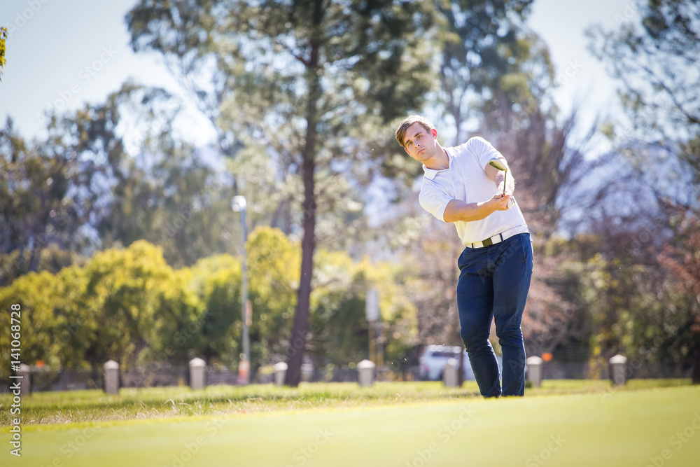 Close up view of a golfer playing a chip shot on a golf course in south africa with back light.