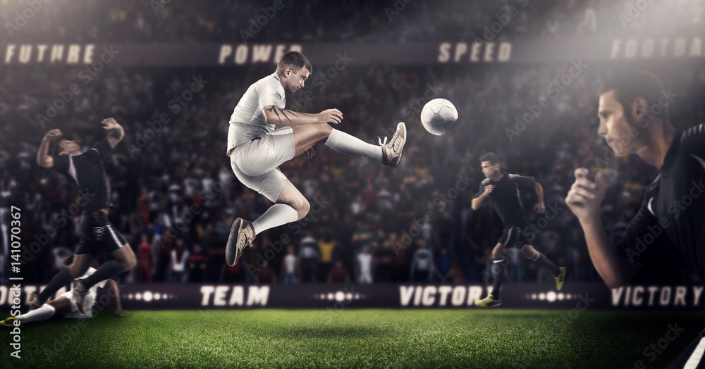 Brutal Soccer action on 3d sport arena. mature players with ball in black and white uniform