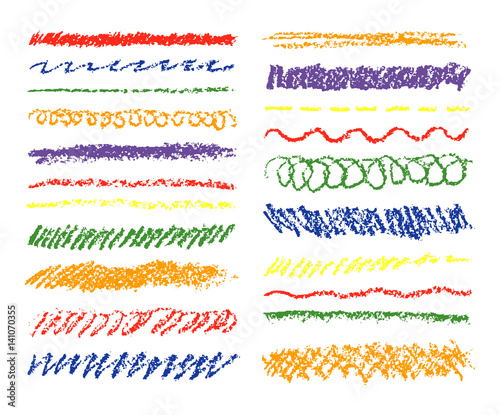 Set of colorful wax crayon strokes. Hand drawn pastel chalk circle stripes background. Vector like kids hand painting texture design elements. 
