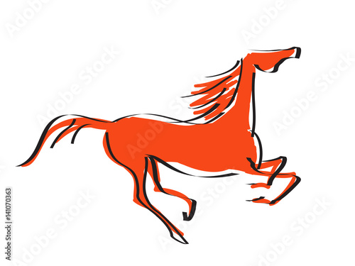 Hand drawing with black line silhouette galloping red color horse. Vector cartoon Japanese style illustration.
