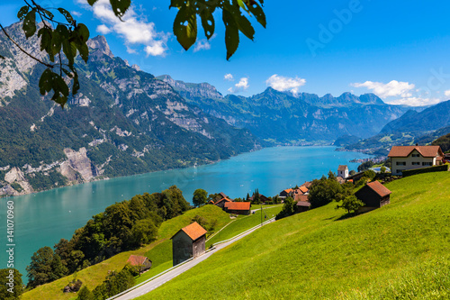 Panorama view Walensee lake and the Alps