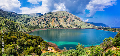 The beautiful Lake Kournas in Chania Crete . Greece