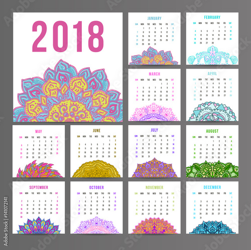 Calendar for 2018 year on indian ornamental. Week starts on sunday. Vintage design.