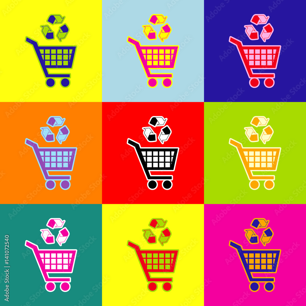 Shopping cart icon with a recycle sign Vector. Pop-art style colorful icons set with 3 colors. Shopping cart icon with a recycle sign Vector. Pop-art style colorful icons set with 3 colors.