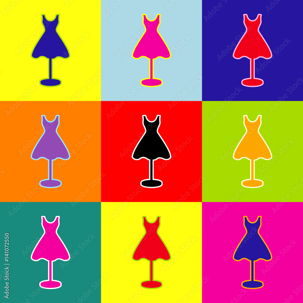 Mannequin with dress sign. Vector. Pop-art style colorful icons set with 3 colors. Mannequin with dress sign. Vector. Pop-art style colorful icons set with 3 colors.