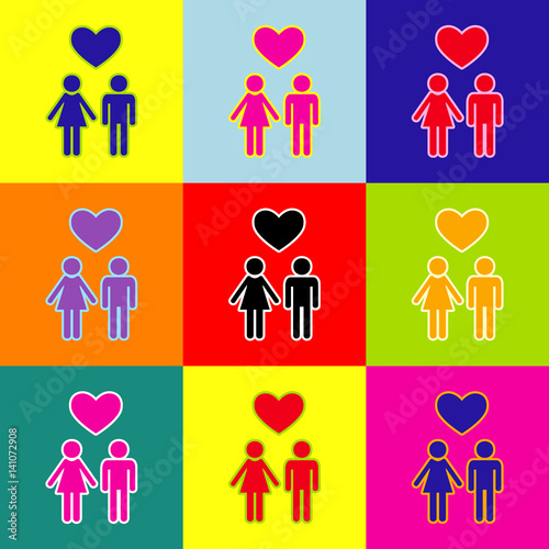 Family symbol with heart. Husband and wife are kept each other`s hands. Love. Vector. Pop-art style colorful icons set with 3 colors.