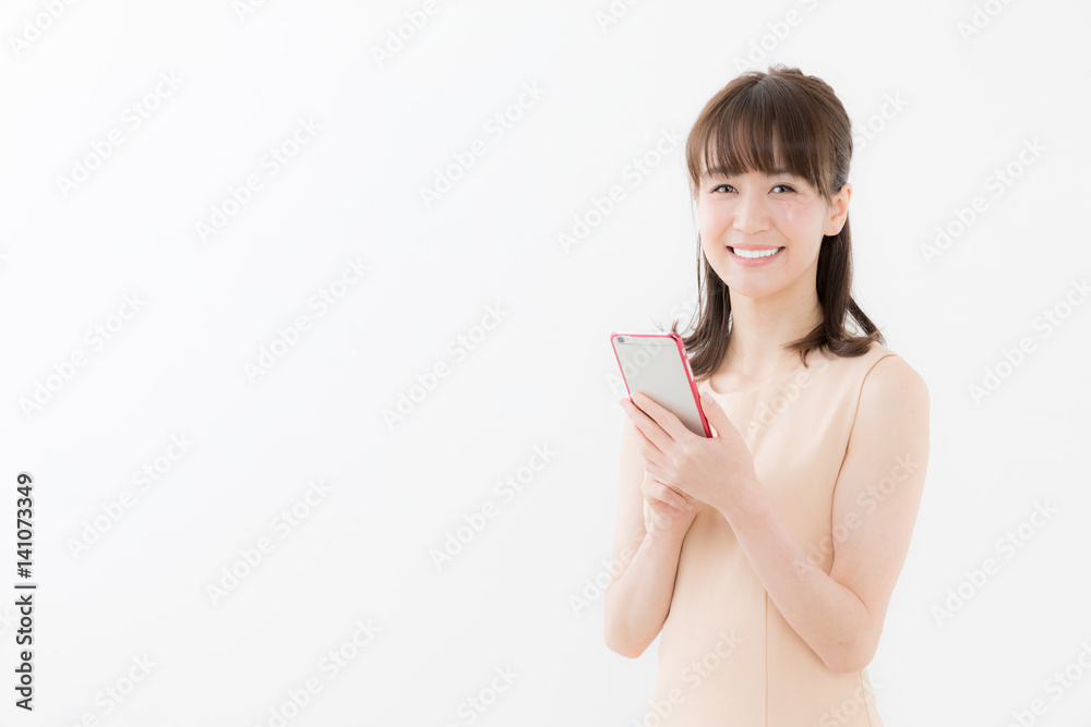 portrait of attractive asian woman using smart phone isolated on white background portrait of attractive asian woman using smart phone isolated on white background