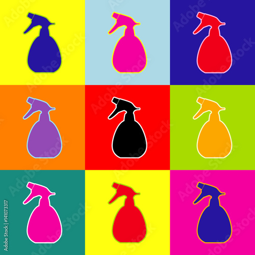 Spray bottle for cleaning sign. Vector. Pop-art style colorful icons set with 3 colors.