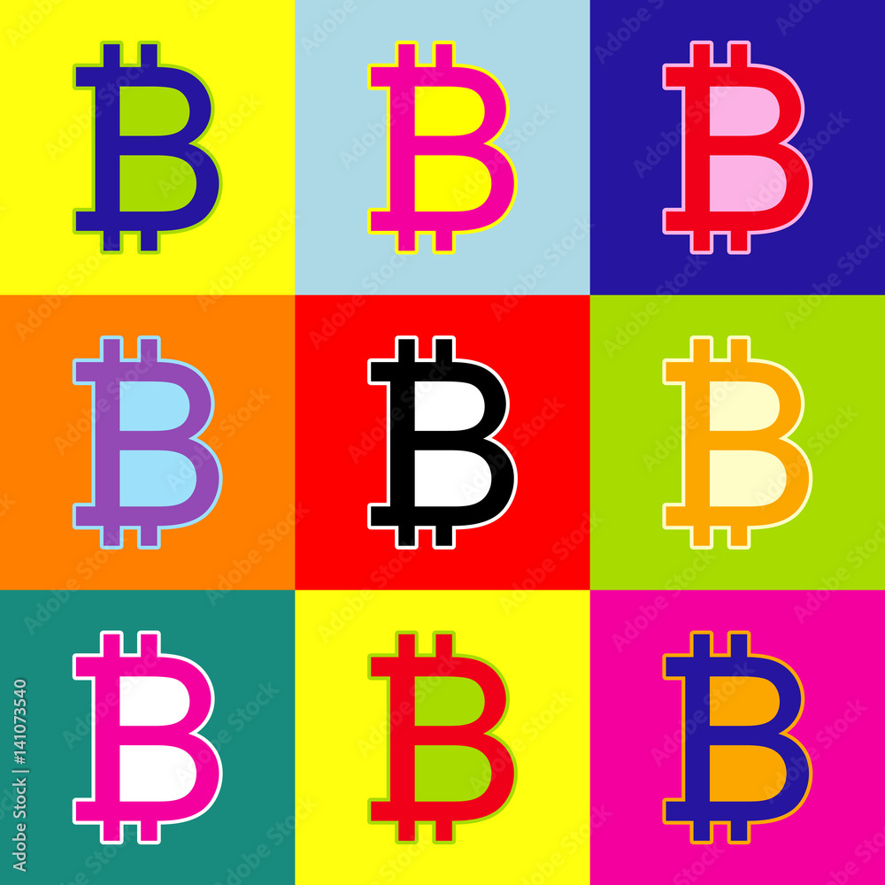 Obraz premium Bitcoin sign. Vector. Pop-art style colorful icons set with 3 colors.