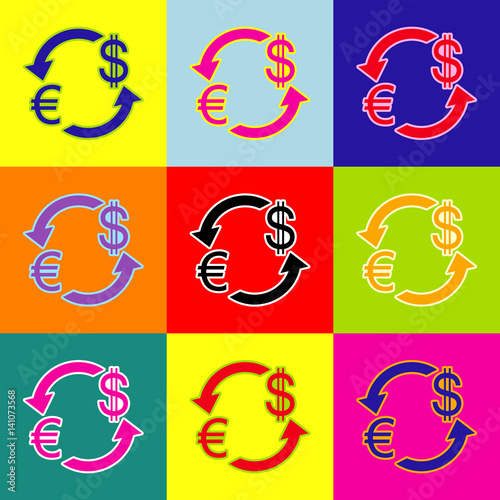 Currency exchange sign. Euro and Dollar. Vector. Pop-art style colorful icons set with 3 colors.