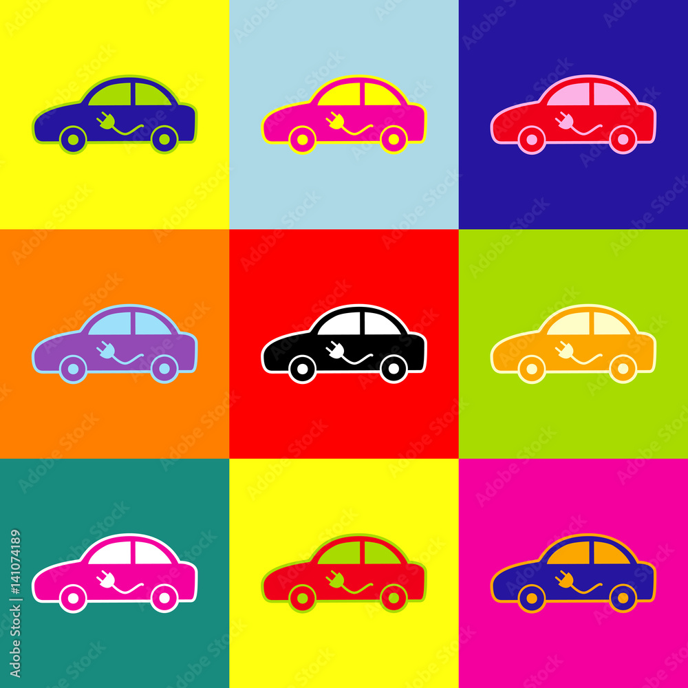 Electric car sign. Vector. Pop-art style colorful icons set with 3 colors.