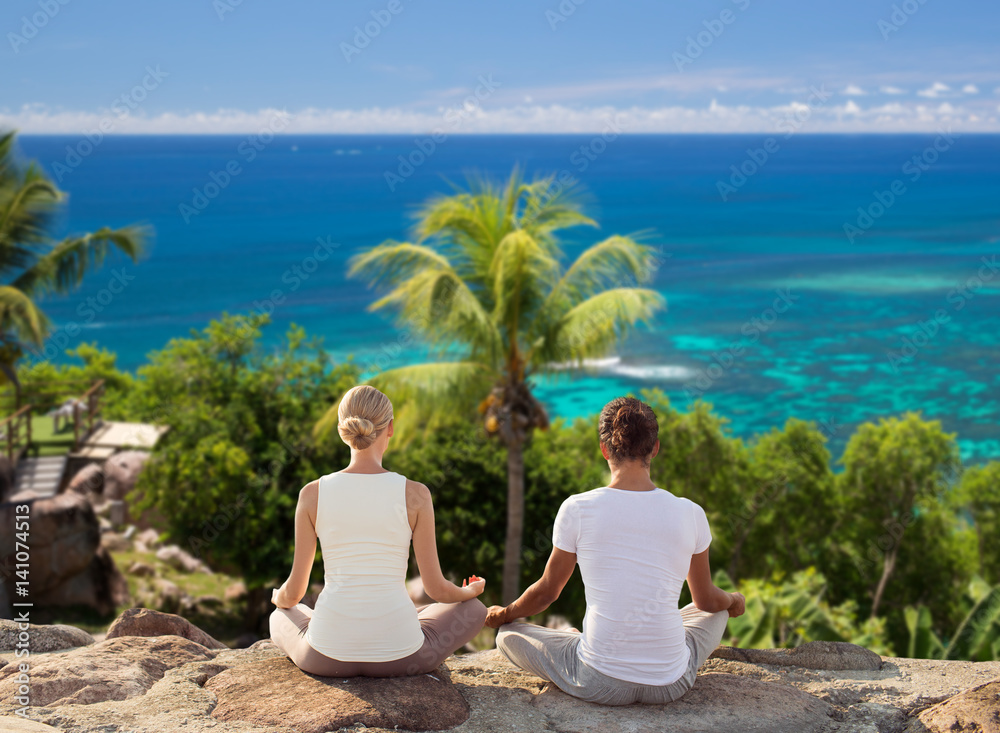 Fototapeta premium smiling couple making yoga exercises outdoors