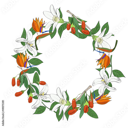Hand drawn floral wreath of tropical leaves and flowers. Design for invitation  greeting or wedding card.