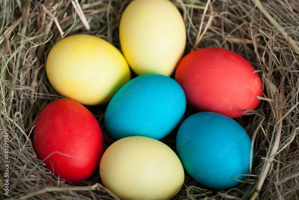 Easter colored eggs in a nest of straw Easter colored eggs in a nest of straw
