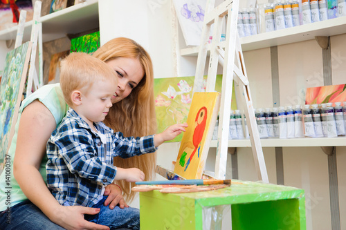 Mother and child draw a picture paints, art lesson