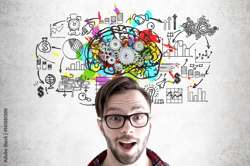 Surprised hipster and brain with gears Surprised hipster and brain with gears