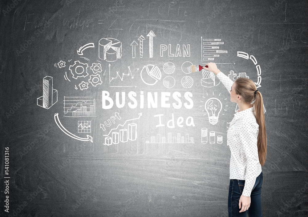 Woman with ponytail drawing business idea Woman with ponytail drawing business idea