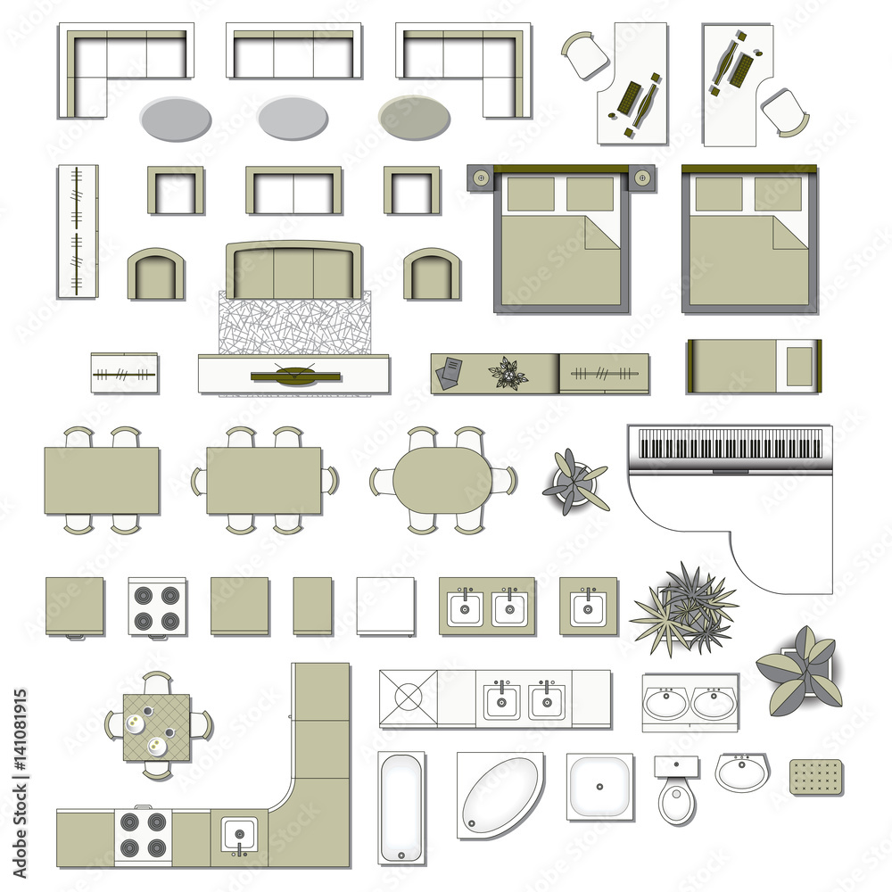 Set Top View For Interior Icon Design Elements For Living Room 
