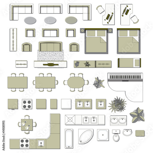 Set top view for interior icon design. Elements 
for living room, bedroom, kitchen, bathroom. 
Floor plan. Furniture store. Vector Illustration.

