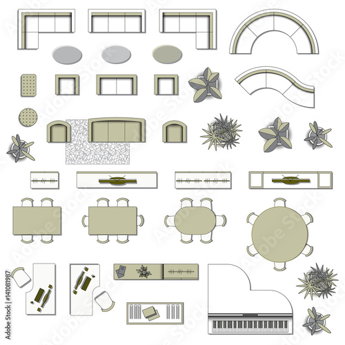 Set top view for interior icon design. Elements 
living room. Floor plan. Furniture store. Vector 
Illustration.
