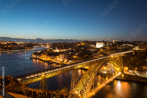 Aerial night view of Porto (Oporto),Duoro river and Dom Luis I Bridge from Mosteiro da Serra do Pilar