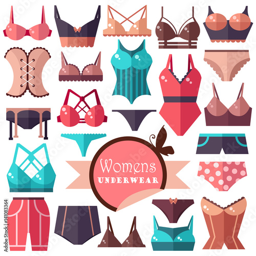 Collection of women's underwear. Flat vector illustration