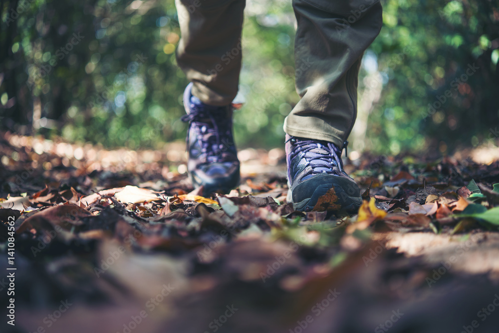 Female hiker feet walking on forest trail. Active woman traveling on the nature. Female hiker feet walking on forest trail. Active woman traveling on the nature.