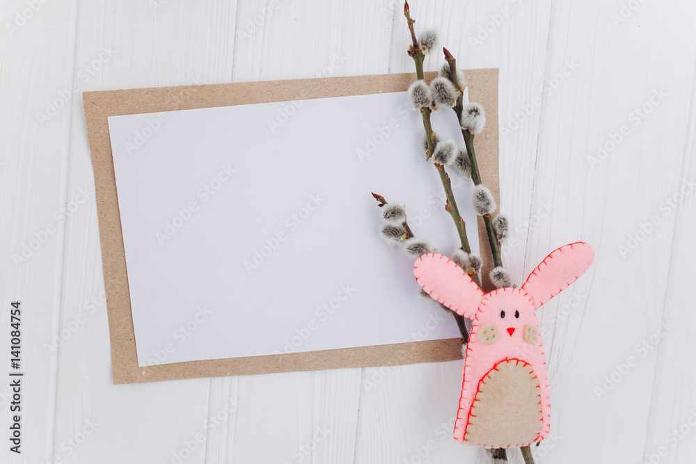 Easter concept. greeting card, eggs  and presents, rabbit on a white background