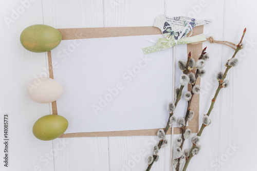 Easter concept. greeting card, eggs and presents, rabbit on a white background