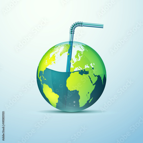 Globe in a crystal ball with a straw. Vector illustration concept. Editable eps10