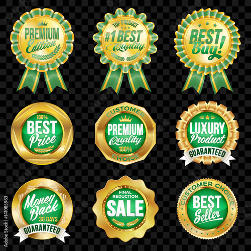 Set of excellent quality green badges with gold border.