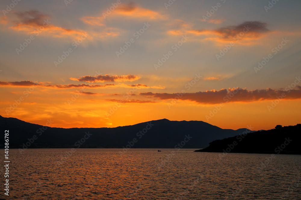 Sunrise over Peljesac Peninsula and Peljeski Strait, Korcula, Croatia.