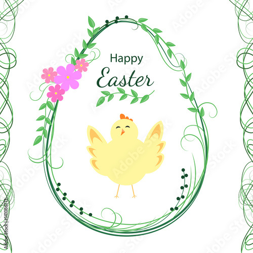 Easter greeting card design. Happy Easter. Floral egg with chick. Vector illustration