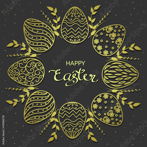 Easter greetings. Golden eggs wreath with lettering text on dark background.Vector illustration
