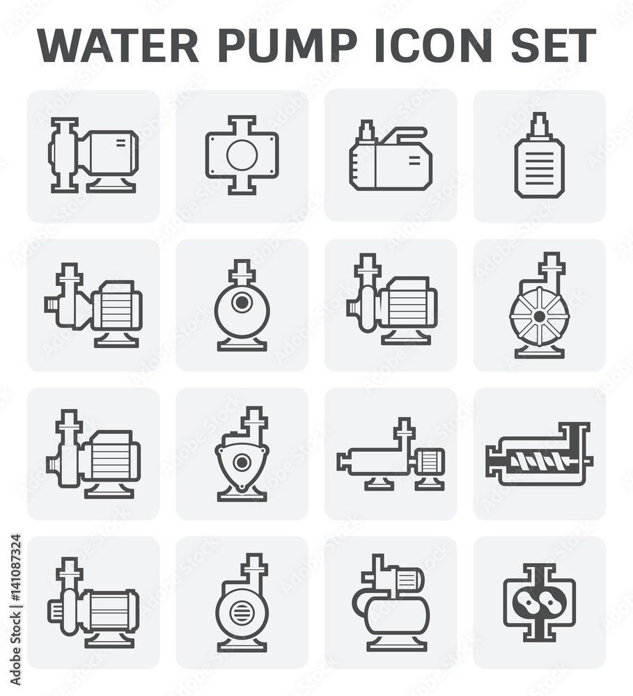 Vector icon of electric water pump and steel pipe for water distribution isolated on white background.