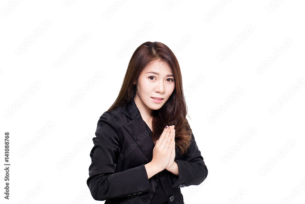 Asian business woman stand and pay to respect on white background Asian business woman stand and pay to respect on white background