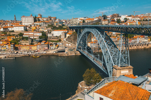 Dom Luis iron Bridge at Duoro river in old downtown Porto, Portugal.